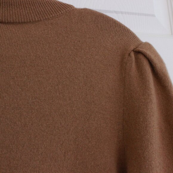 By Anthropologie Wool Cashmere Puff-Sleeve Mock-Neck Sweater in Honey Brown - Picture 12 of 14